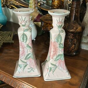 Vintage Chinoiserie Macau Porcelain Candle Holders